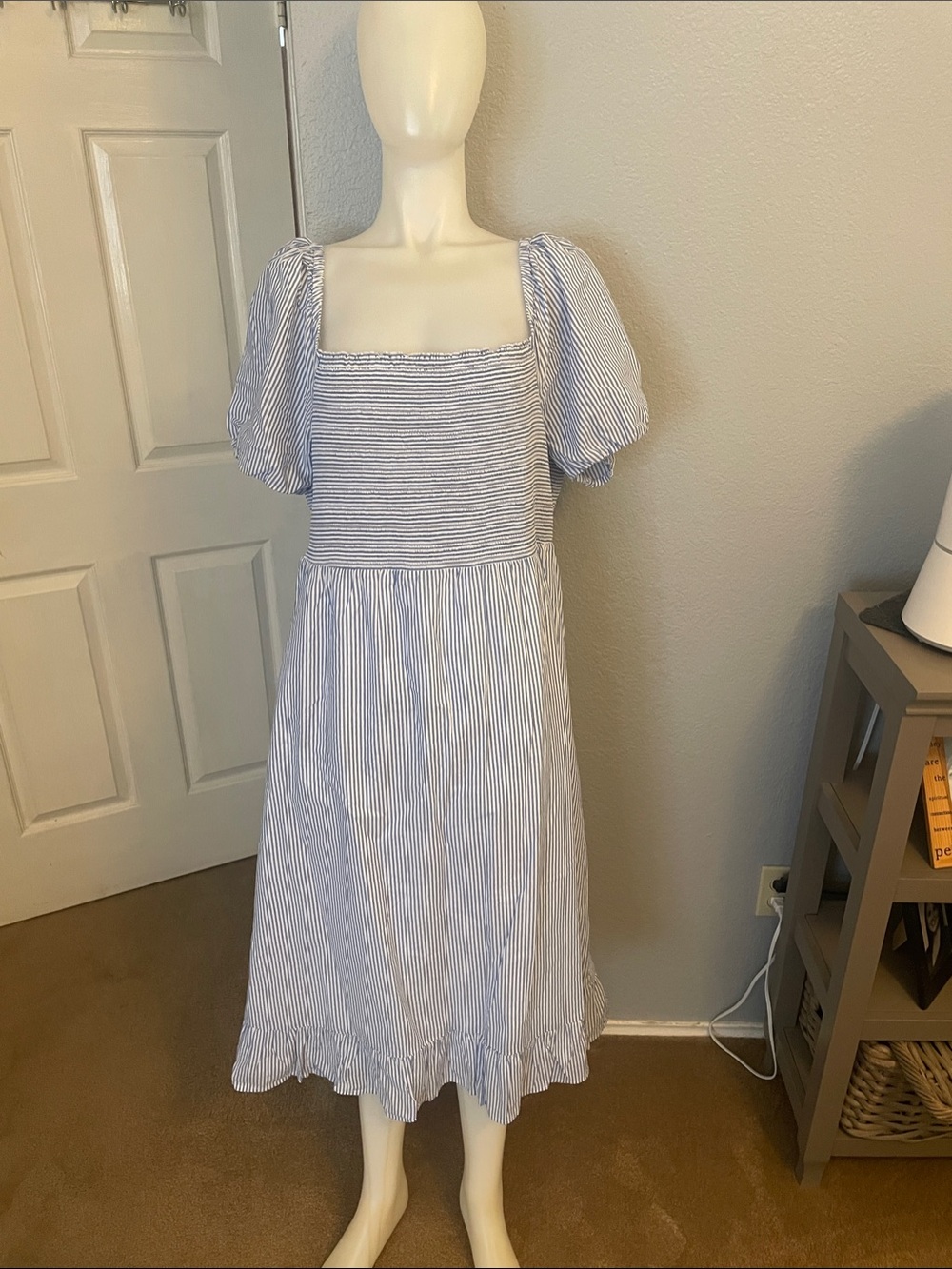 J. Crew Factory Blue and White Striped Square-Neck Puff Sleeve Maxi Dress